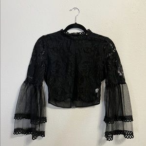 Peach | Floral Lace Up Sheer Long Sleeve Crop Top in Black